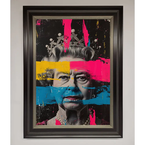Queen Elizabeth Paint Splatter Framed Wall Art - B0 (100 x 141 cm) / Black Silver - Framed Print