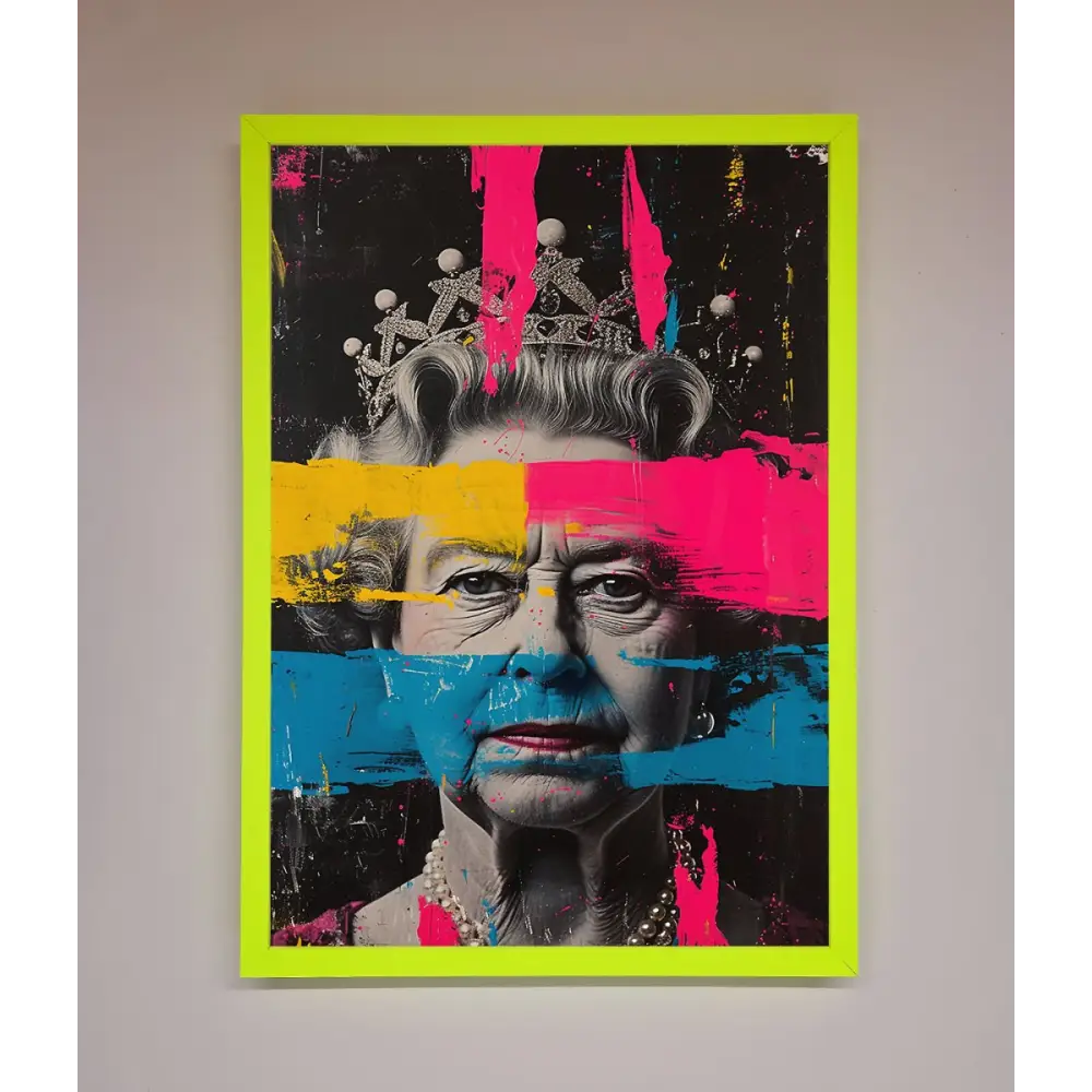 Queen Elizabeth Paint Splatter Framed Wall Art - B0 (100 x 141 cm) / Neon Green - Framed Print