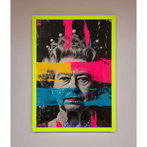 Queen Elizabeth Paint Splatter Framed Wall Art - B0 (100 x 141 cm) / Neon Green - Framed Print
