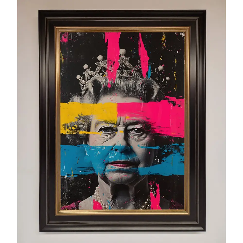 Queen Elizabeth Paint Splatter Framed Wall Art - B0 (100 x 141 cm) / Black Gold - Framed Print