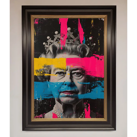 Queen Elizabeth Paint Splatter Framed Wall Art - B0 (100 x 141 cm) / Black Gold - Framed Print