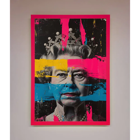 Queen Elizabeth Paint Splatter Framed Wall Art - B0 (100 x 141 cm) / Neon Pink - Framed Print