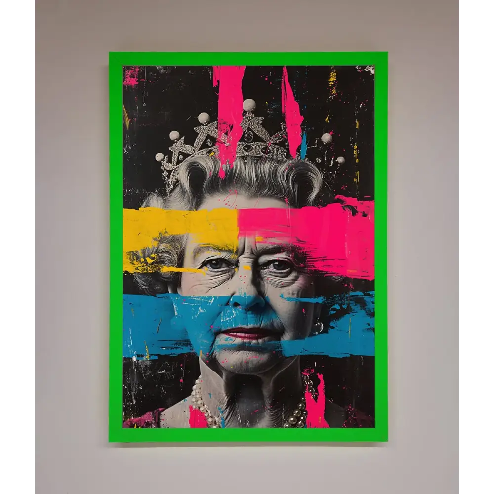 Queen Elizabeth Paint Splatter Framed Wall Art - B0 (100 x 141 cm) / Neon Dark Green - Framed Print