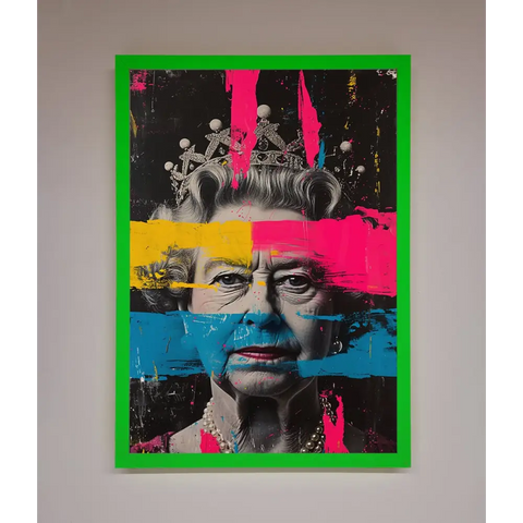 Queen Elizabeth Paint Splatter Framed Wall Art - B0 (100 x 141 cm) / Neon Dark Green - Framed Print