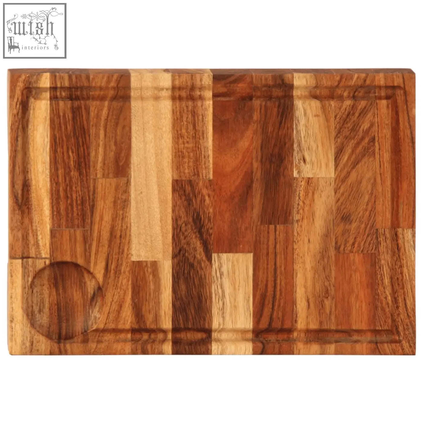 Quena acacia wood chopping board with patchwork solid acacia wood tones and circular groove for easy use
