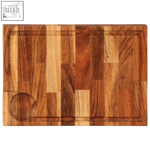 Quena acacia wood chopping board with patchwork solid acacia wood tones and circular groove for easy use