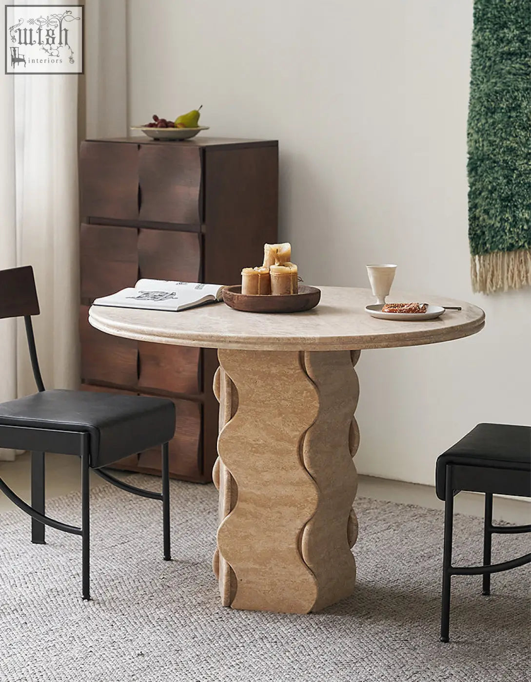 Beige quintero dining table round with wavy sculpted pedestal base in marble or travertine and solid wood option
