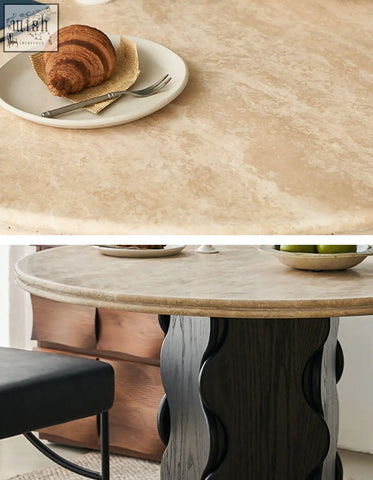 Quintero dining table round with beige marble top and wavy dark-stained solid wood base solid wood option