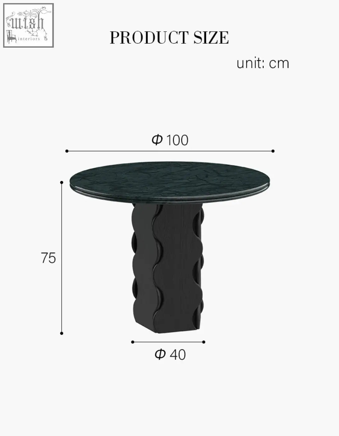 Quintero dining table round with a black textured stone top and wavy sculpted pedestal base perfect as a round marble option