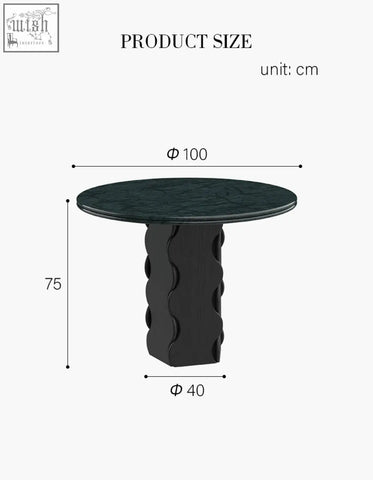 Quintero dining table round with a black textured stone top and wavy sculpted pedestal base perfect as a round marble option