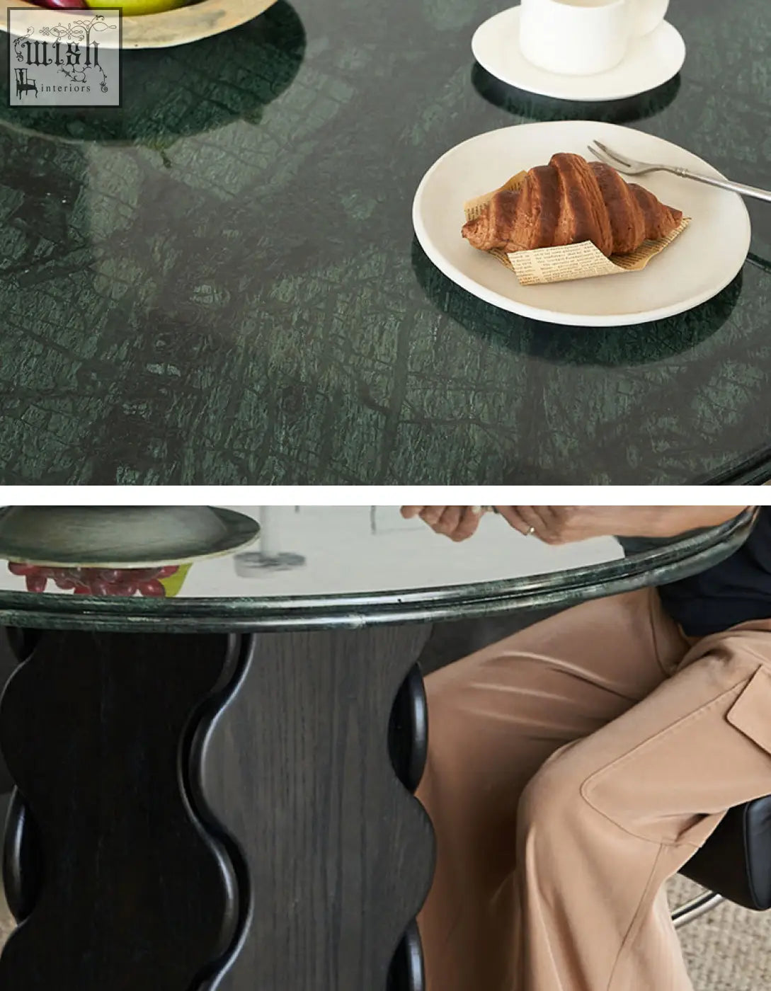 Dark green round marble dining table top with glossy finish and subtle veining in quintero dining table design