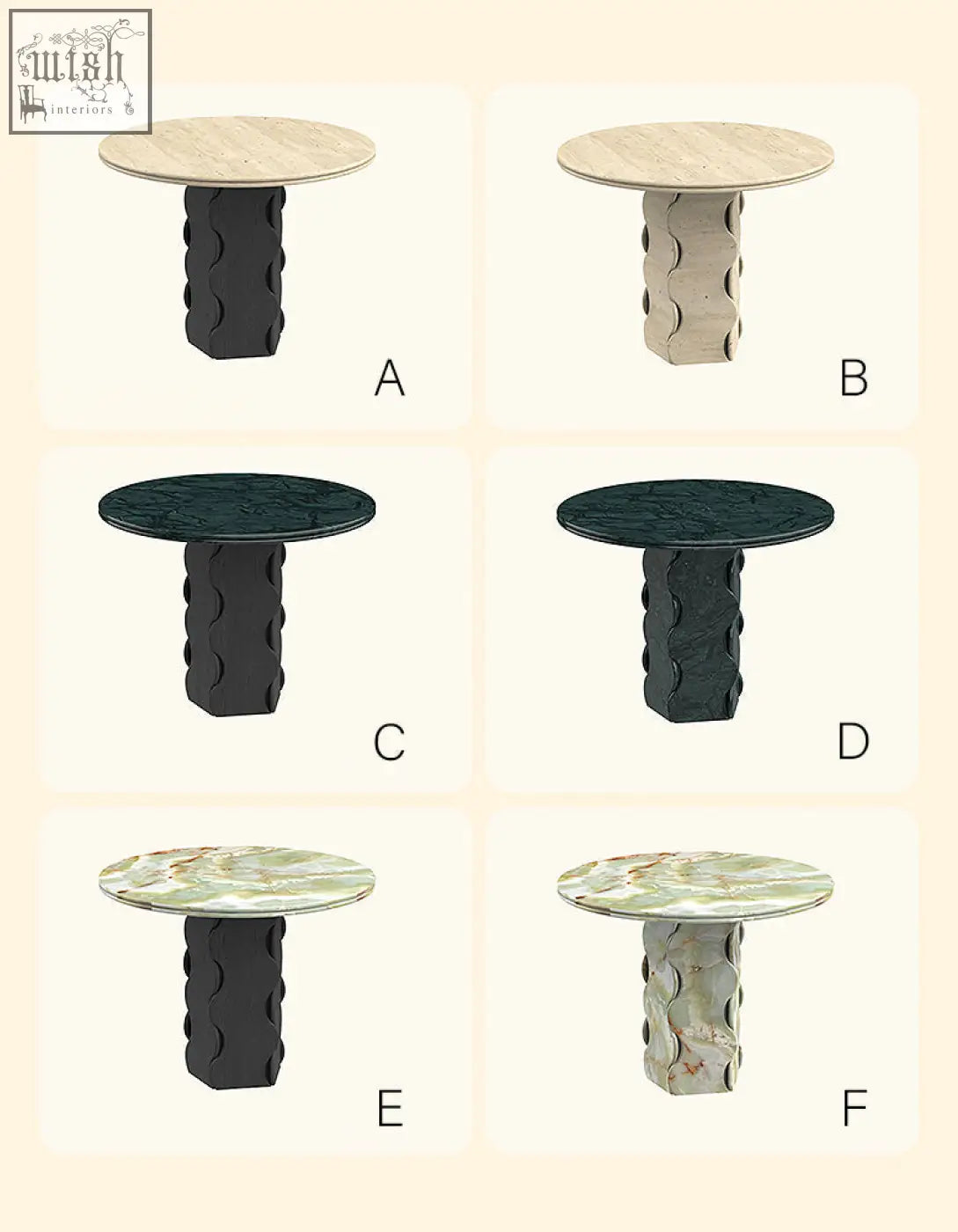 Six quintero dining tables with round marble and travertine tops in light beige green and black wavy bases