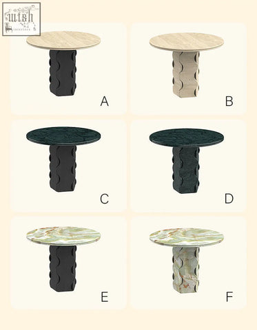 Six quintero dining tables with round marble and travertine tops in light beige green and black wavy bases