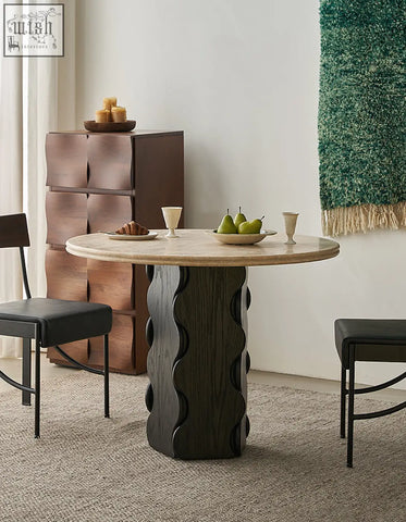 Quintero dining table round with light beige marble top and dark wavy solid wood option base for dining table use
