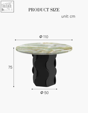 Quintero dining table round with a green and white veined marble top and black wavy base perfect as a round marble dining table