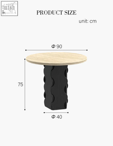 Quintero dining table round with a light wood top and black wavy base offers a solid wood option or round marble look