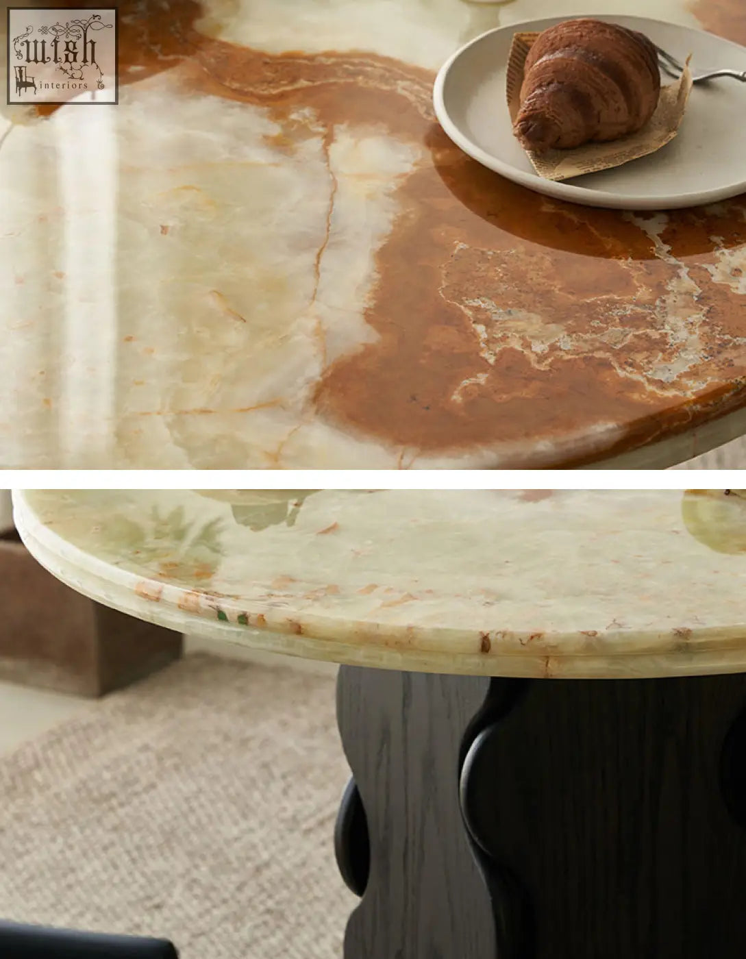 Quintero round dining table with polished marble top featuring warm brown and creamy beige veining pattern