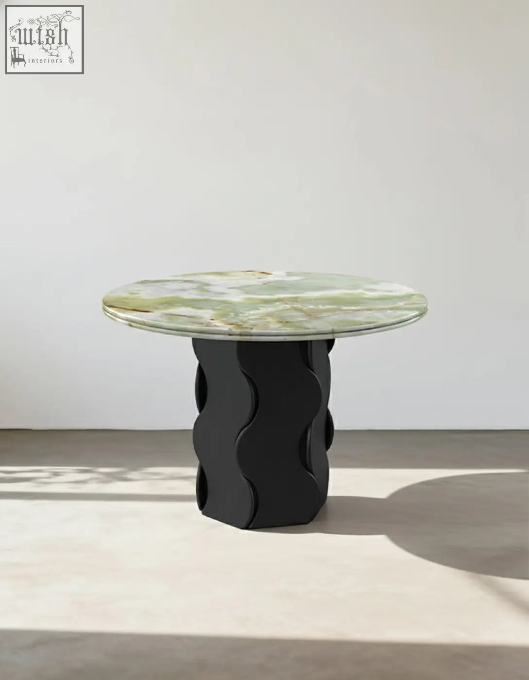 Quintero dining table round with polished green and white onyx top and black wavy sculpted base solid wood option
