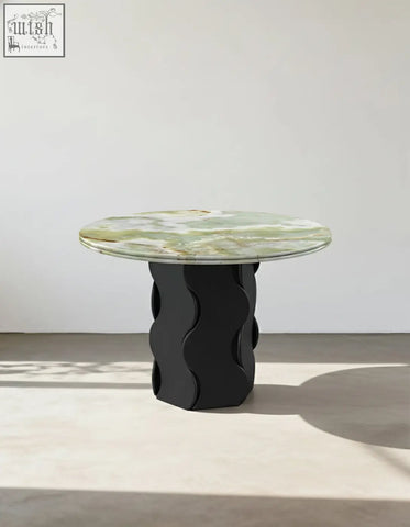 Quintero dining table round with polished green and white onyx top and black wavy sculpted base solid wood option