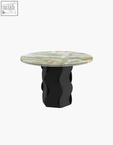 Quintero dining table round with a polished green and white marble top and sculpted black metal base perfect as a dining table