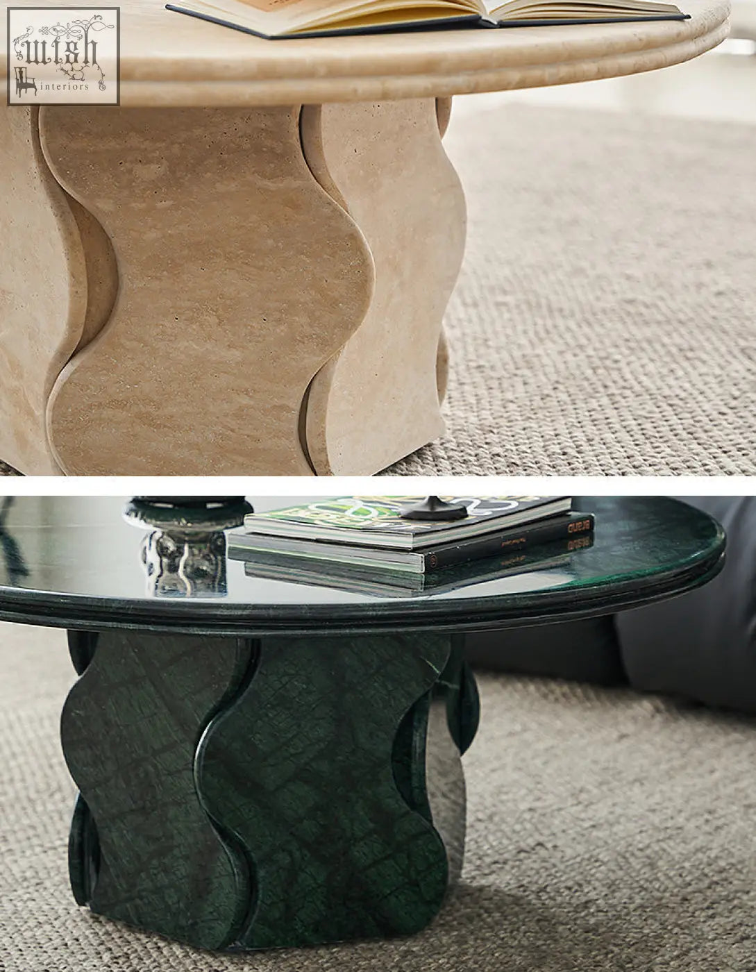 Beige and dark green wave patterned marble coffee tables with curved sculptural bases solid wood look
