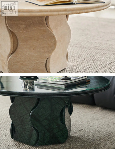 Beige and dark green wave patterned marble coffee tables with curved sculptural bases solid wood look