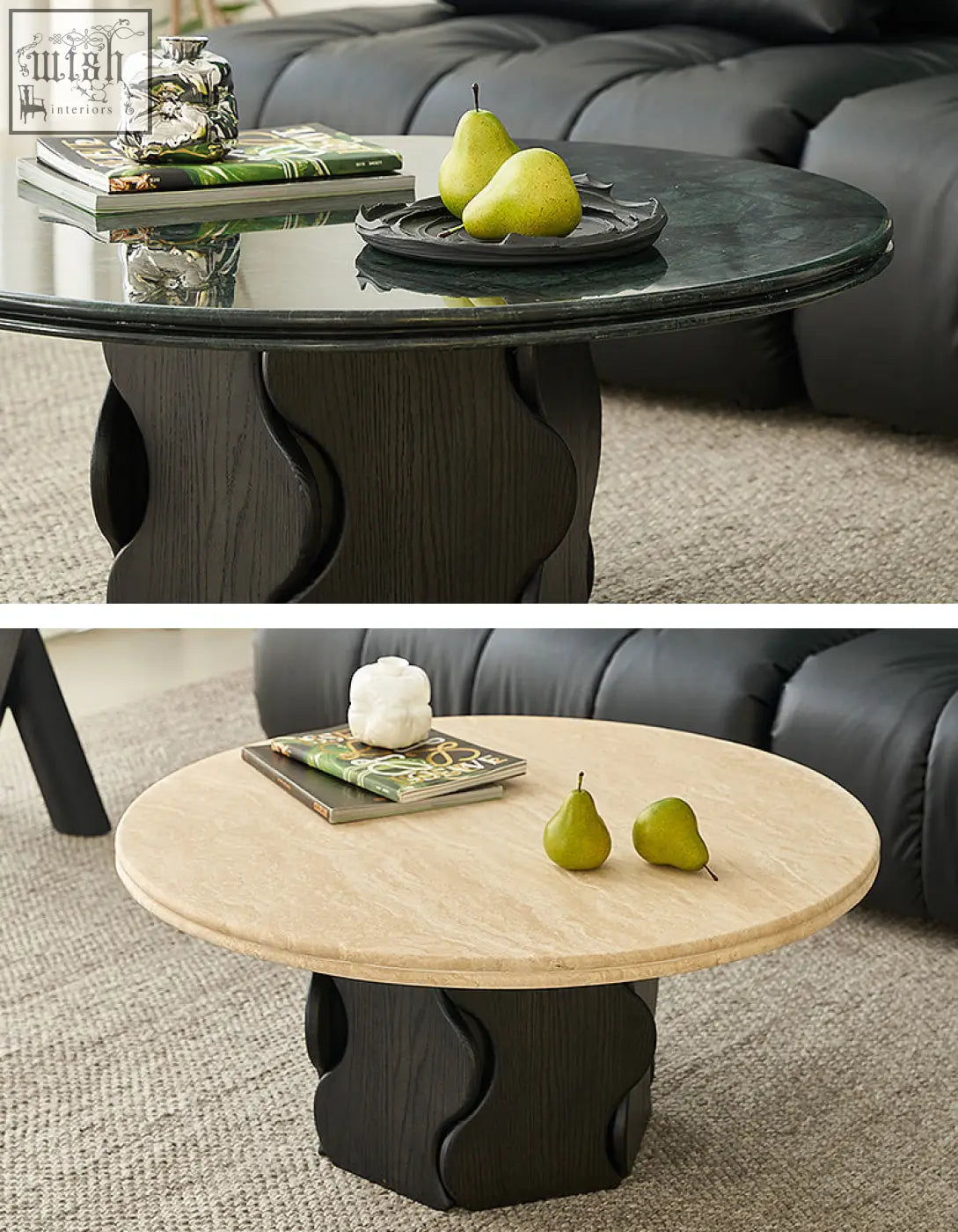 Black marble coffee table with sculpted solid wood base perfect as a stylish marble coffee table centerpiece