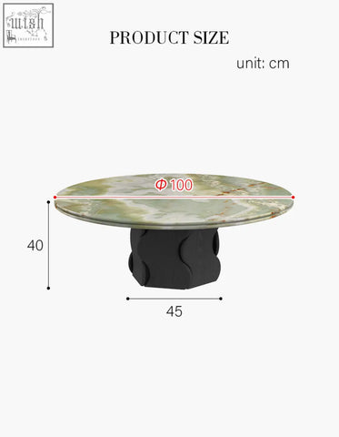 Quintero round coffee table with green marble top and black sculpted solid wood base as a stylish marble coffee table