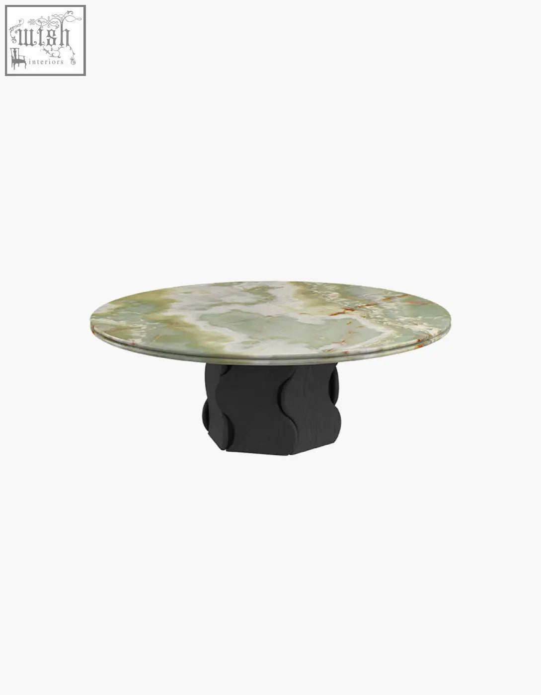 Quintero round coffee table with green and white veined marble top and black sculpted solid wood base