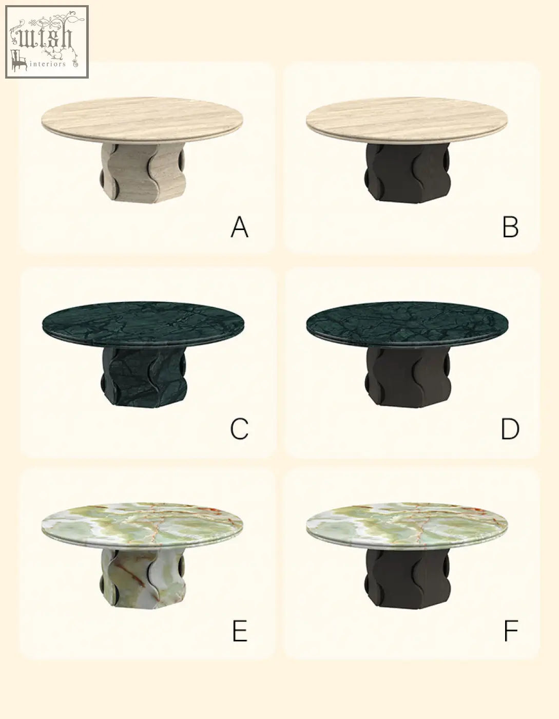 Six quintero round coffee tables with marble or travertine tops and solid wood sculpted bases perfect as coffee tables