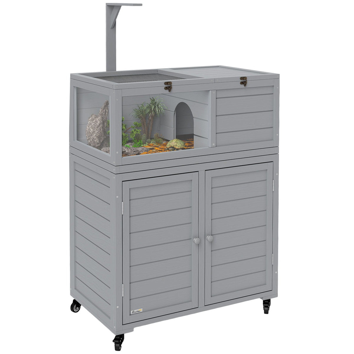 PawHut Wooden Tortoise House with Storage Cabinet, Openable Top, Lamp Holder, Transparent Observation Windows, Light Grey
