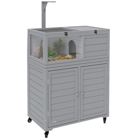 PawHut Wooden Tortoise House with Storage Cabinet, Openable Top, Lamp Holder, Transparent Observation Windows, Light Grey