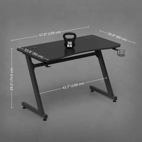 HOMCOM Gaming Desk 120 x 65 cm Steel Frame with Cup Holder, Headphone Hook, Adjustable Feet and Cable Organiser, Home Office Computer Table, Black