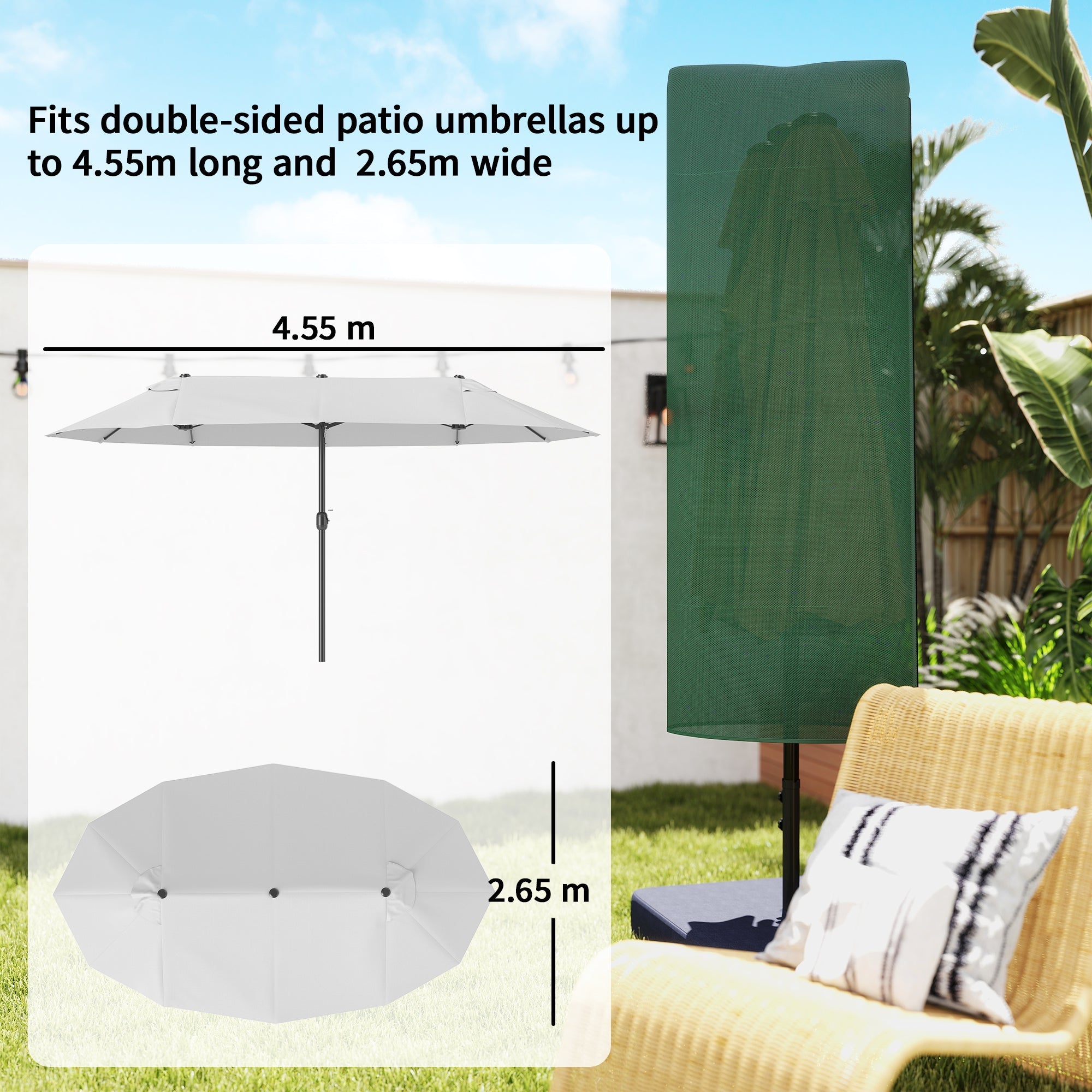 Outsunny Garden Parasol Cover, Outdoor Patio Umbrella Protector Weatherproof Garden Patio for 2-4.6m Parasol, Dark Green
