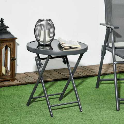 Outsunny \'ce\'a645cm Garden Side Table, Outdoor Round Folding Patio Table with Imitation Marble Glass Top, Small Coffee Table, Black