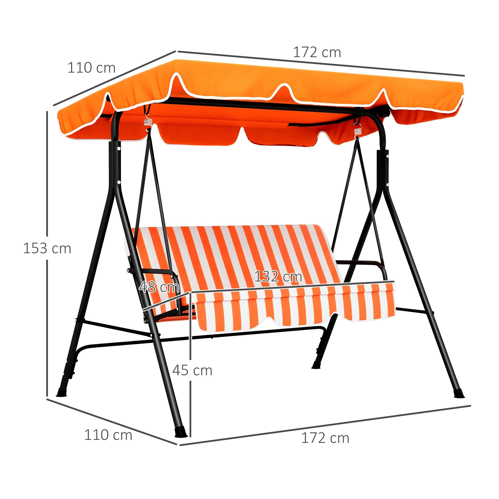 Outsunny Three-Seater Garden Swing Chair, with Adjustable Canopy - Orange Stripe
