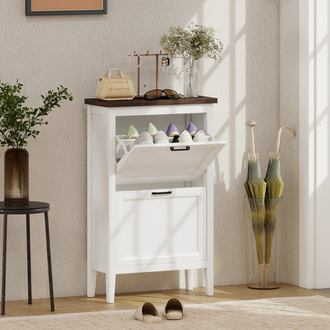 HOMCOM Shoe Cabinet with 2 Flip Drawers, Farmhouse Narrow Shoe Storage Cabinet with Adjustable Shelves, White