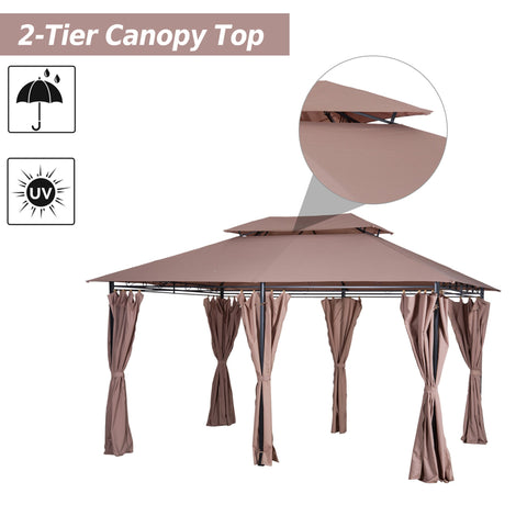 Outsunny 4m x 3(m)Garden Gazebo, Double Roof Outdoor Gazebo Canopy Shelter with Curtains, Solid Steel Frame for Patio, Garden, Brown
