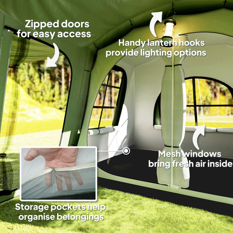 Outsunny 3-4 Man Tunnel Tent, Family Camping Tent with Porch, Bedroom and Living Area, Sewn in Groundsheet, 3000mm Waterproof, Portable with Bag for Hiking, Festival, Backpacking, Green