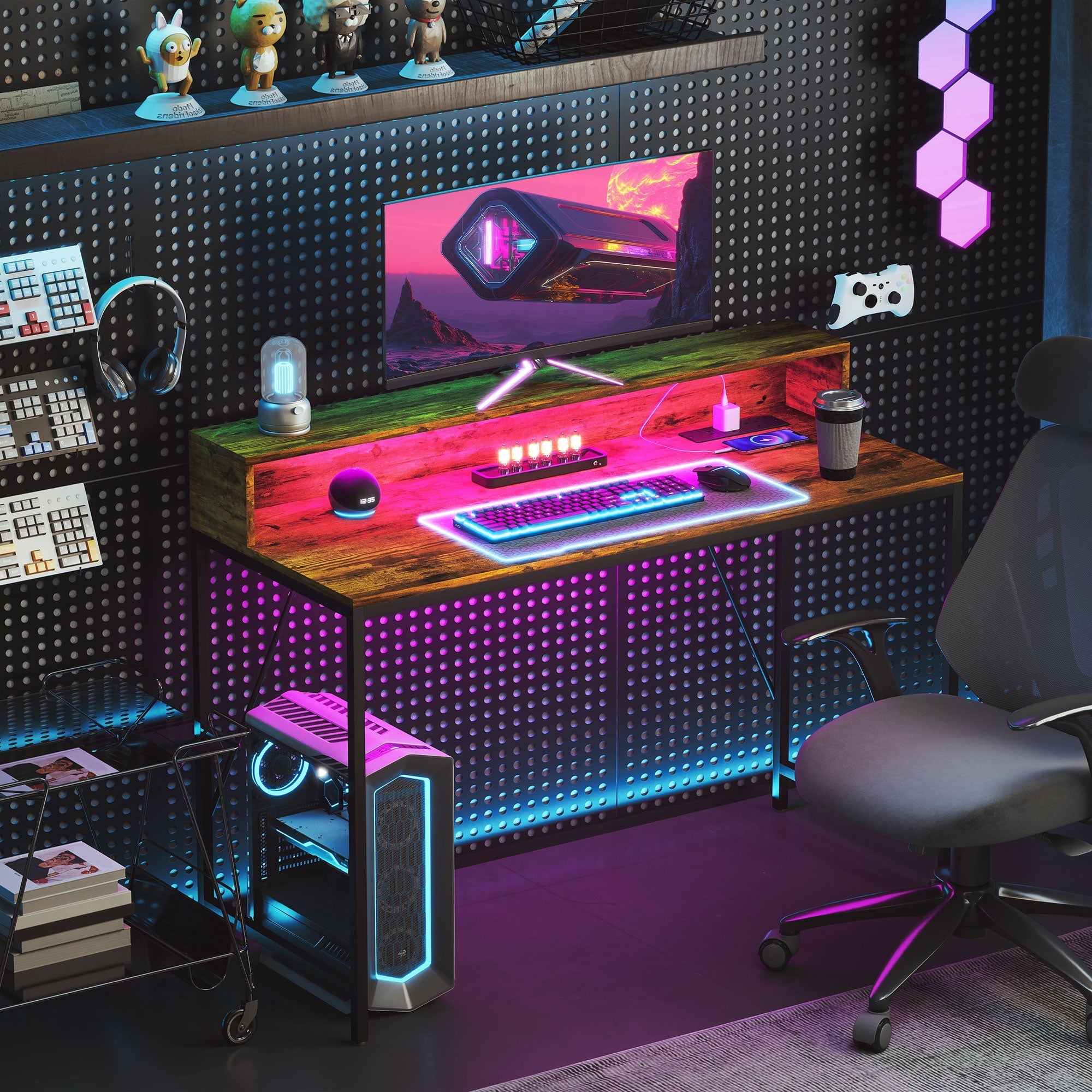 HOMCOM 120cm Computer Desk with LED Lights and Power Outlets, Gaming Desk with Monitor Stand, Computer Table with Remote for Home Office Study, Rustic Brown