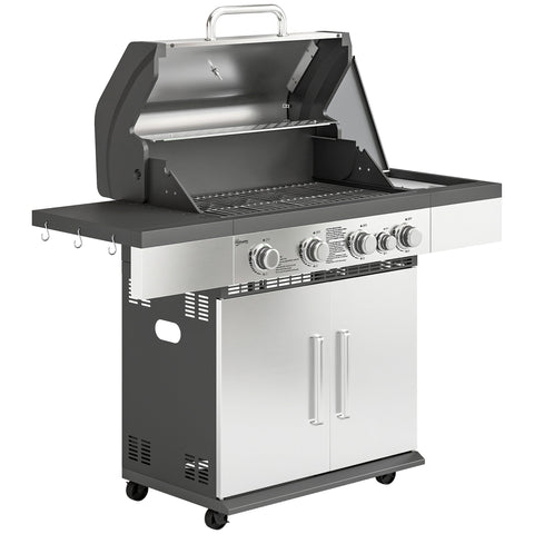 Outsunny 4+1 Burner Gas BBQ Grill, Portable Gas Barbecue Grill with Side Burner, Warming Rack, Side Shelf, Storage Cabinet