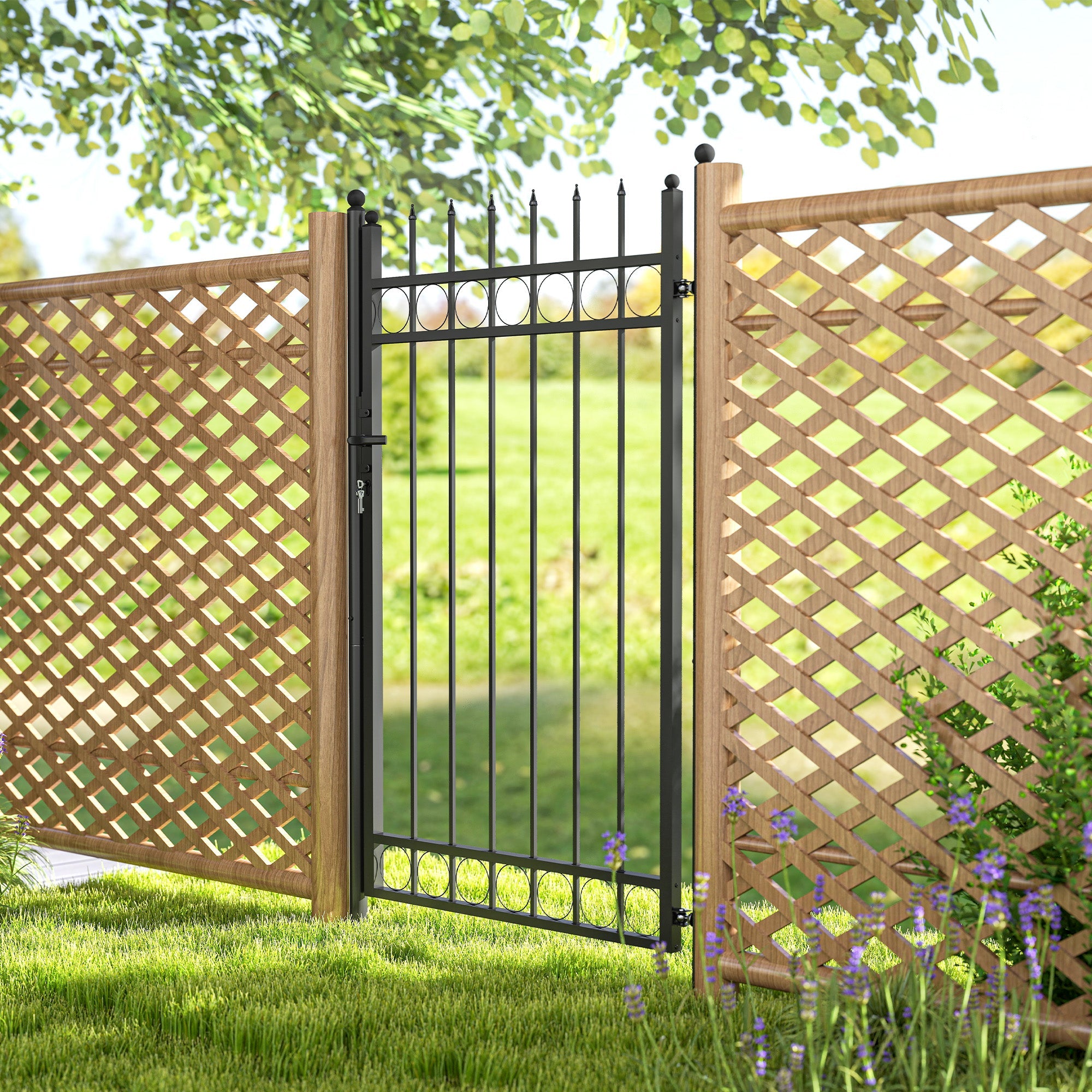Outsunny Galvanised Steel Garden Gate, Outdoor Fence Gate Security Barrier with Lock, Keys and Handle, Outdoor Entrance Way Door with Classic Finials, 105 x 204 cm, Black