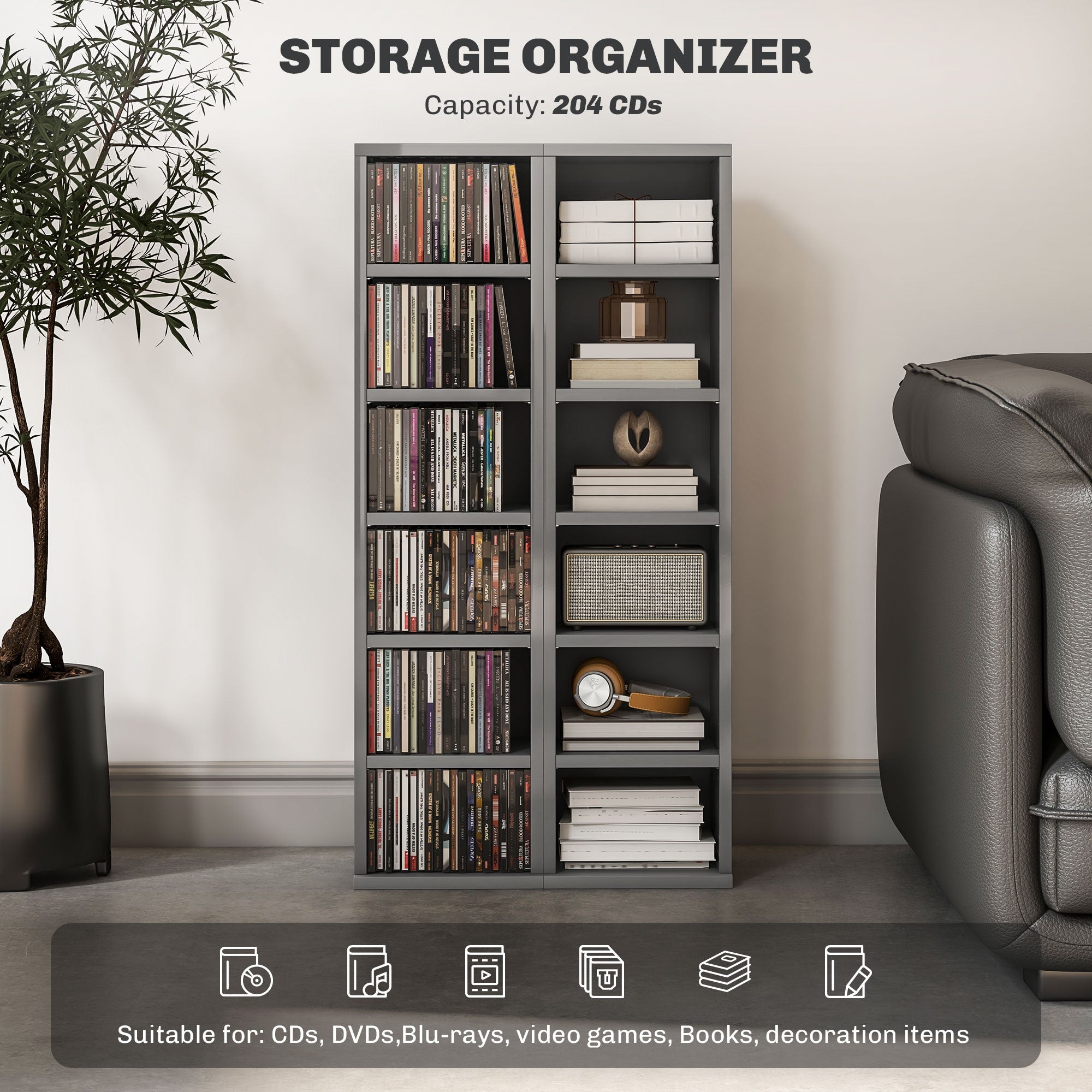 HOMCOM Set of 2 CD Media Display Shelf Unit Tower Rack with Adjustable Shelves, High Gloss Grey