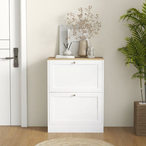 HOMCOM Narrow Shoe Cabinet with 2 Flip Drawers and Adjustable Shelves - White