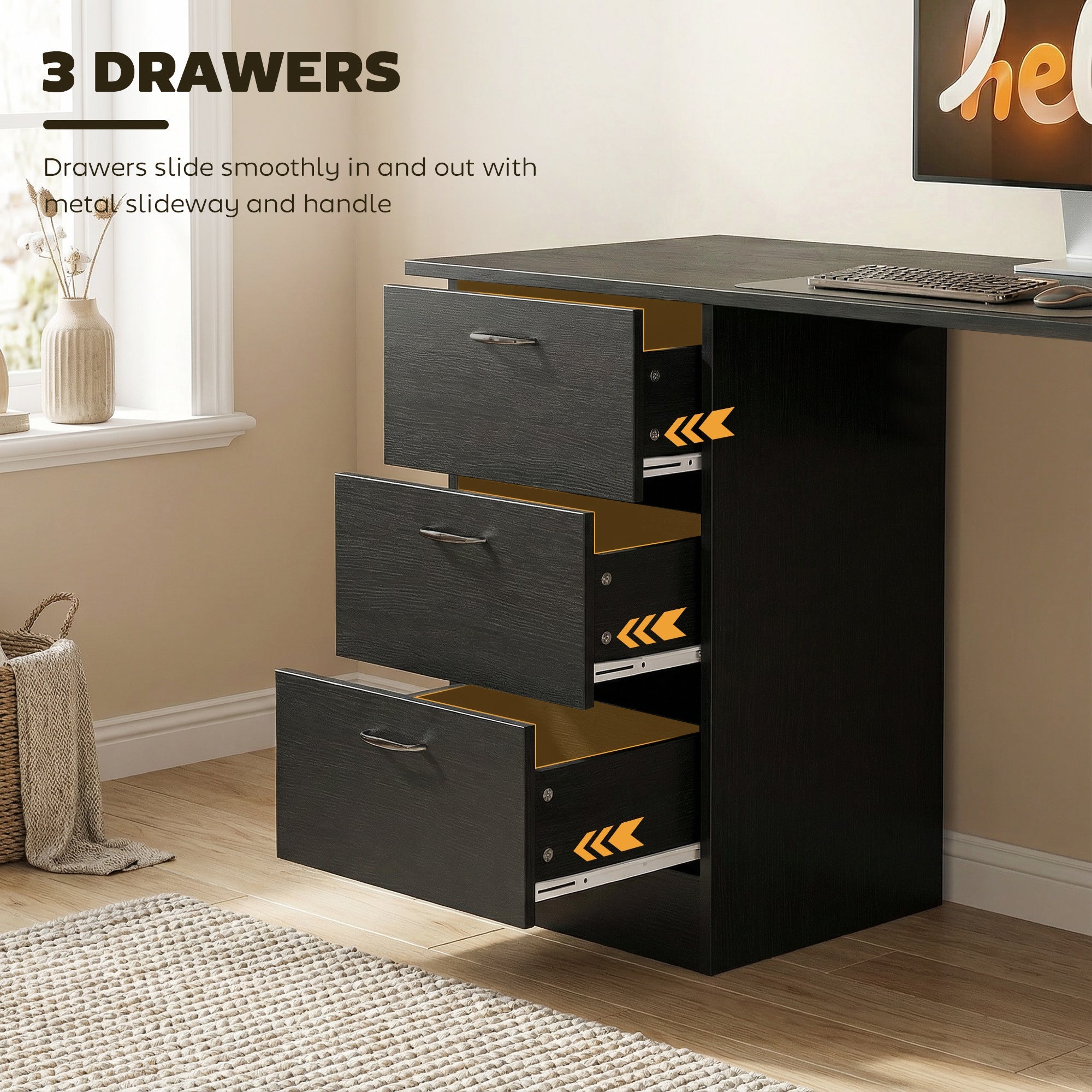 HOMCOM Computer Desk, Writing Table, PC Workstation with 3 Storage Shelves and Drawers, Handle, for Home Office, Black