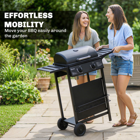 Outsunny Gas Burner Barbecue Grill, 2 Burner Gas Grill with Side Tables, Warming Rack, Shelf, Thermometer, Grease Tray, Black