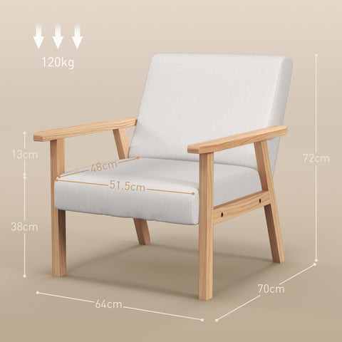HOMCOM Accent Chair Wood Frame with Thick Linen Cushions Wide Seat Armchair Home Furniture Bedroom Office Cream White