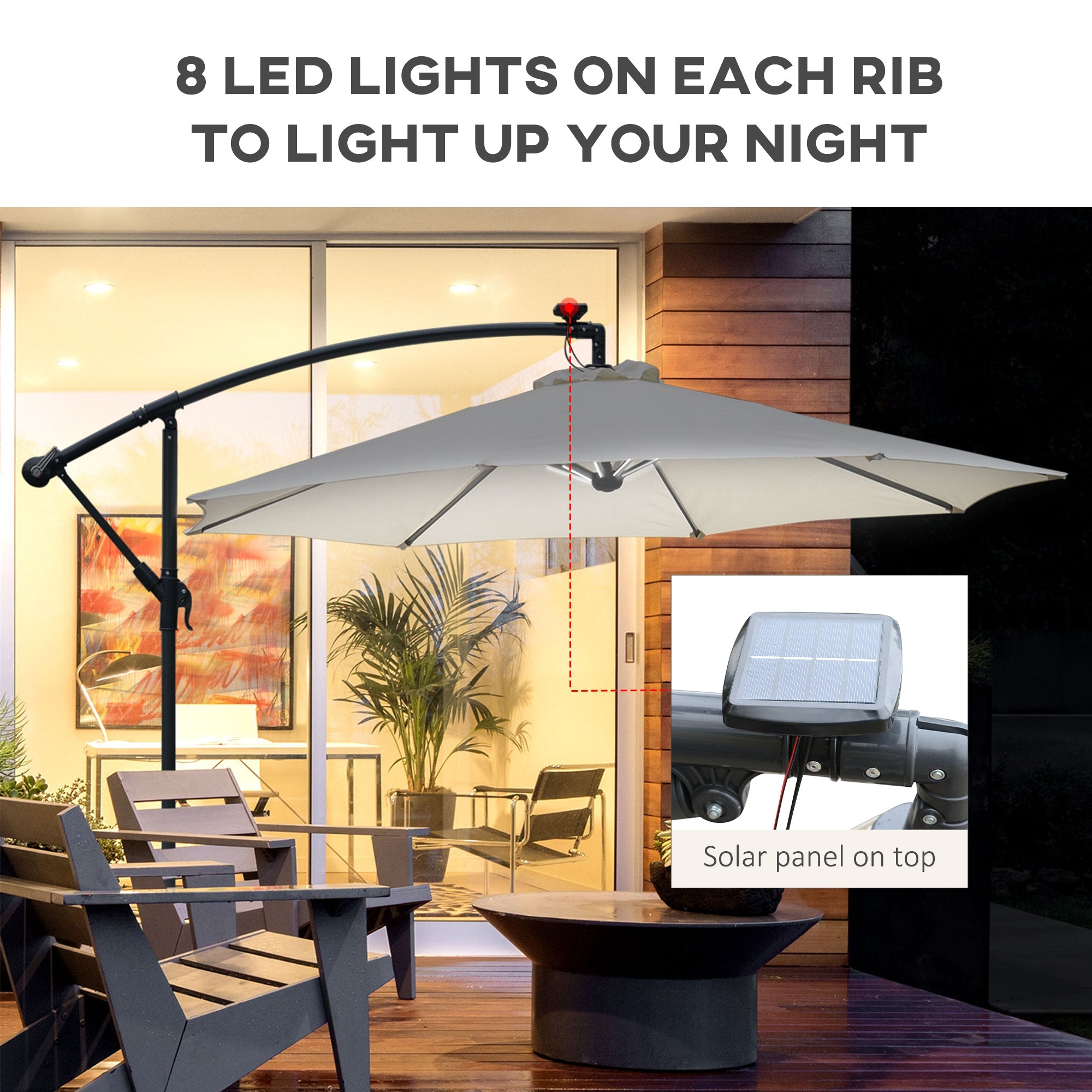 Outsunny Umbrella Parasol W/Solar Powered LED strips, Φ2.95x2.45H m-Cream