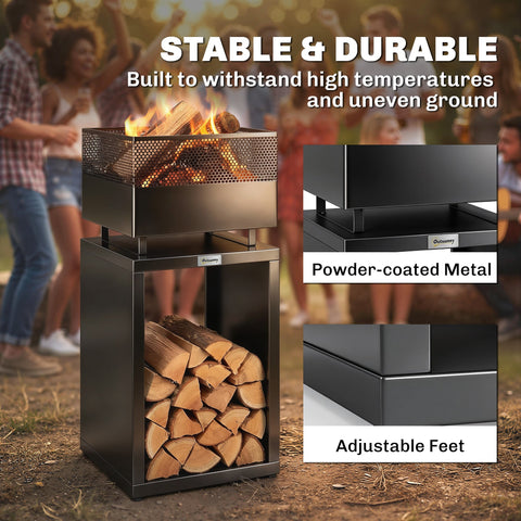 Outsunny Outdoor Fire Pit with Wood Storage Wood Burning Firepit with Mesh Sides 87 cm Black