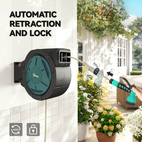 Outsunny Retractable Hose Reel Wall Mounted, 20+2m Garden Hose Pipe Reel with Lock, Auto Rewind, 7 in 1 Spray Nozzle, Includes Wall Fixings, 180° Swivel, Outdoor Watering, 54 x 20 x 39 cm, Black